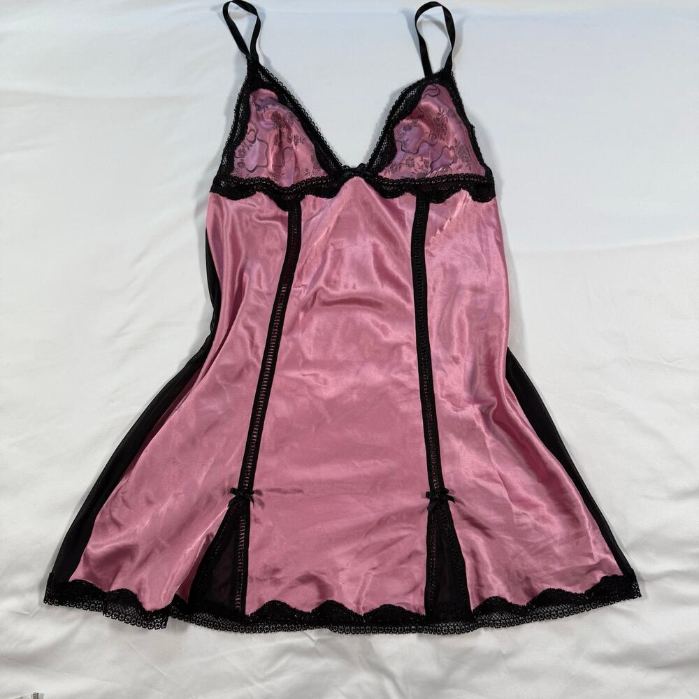 y2k victoria secret pink and black satin mesh mini slip dress size large
